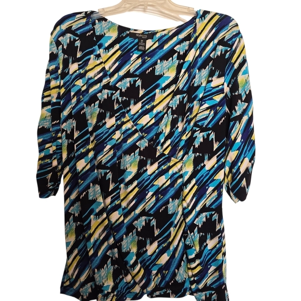 Style & Co. Blue and Yellow Abstract Blouse